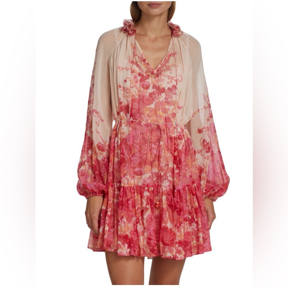 Zimmermann Floral Long Sleeve Dress in Pink and Cream